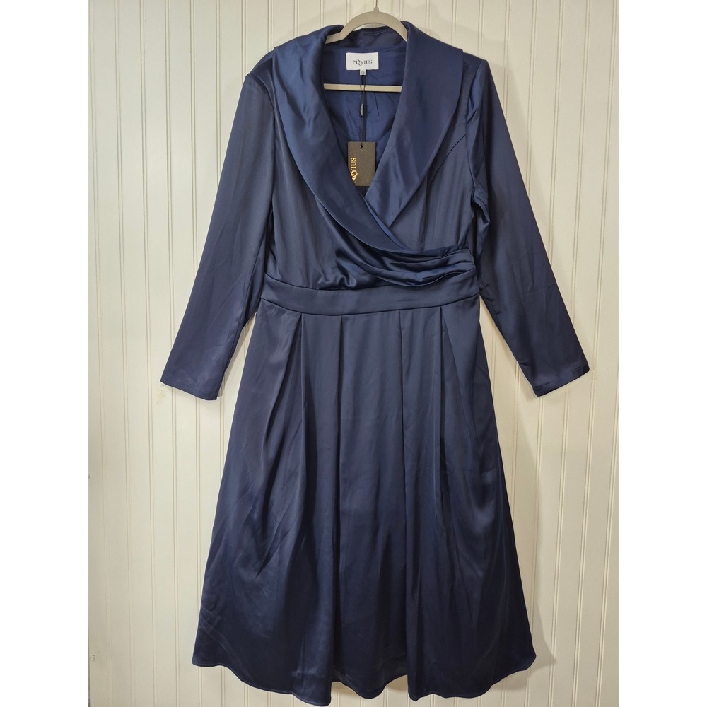 NWT Mooyius Navy Satin Shawl Collar Wrap Midi Dress Gown XL Tulle Lined Party